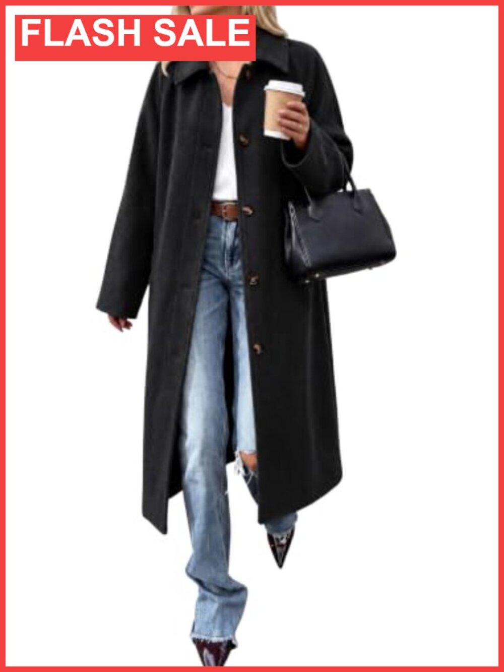 Womens Long Pea Coat Oversized Lapel Single Breasted Wool Winter